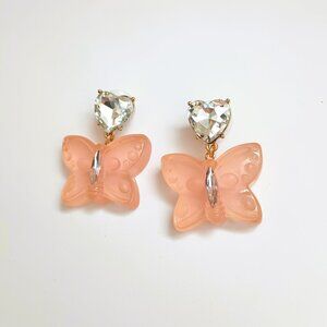 Betsey Johnson Butterfly Dangle Earrings Pink Gummy Gold Heart Crystal Post